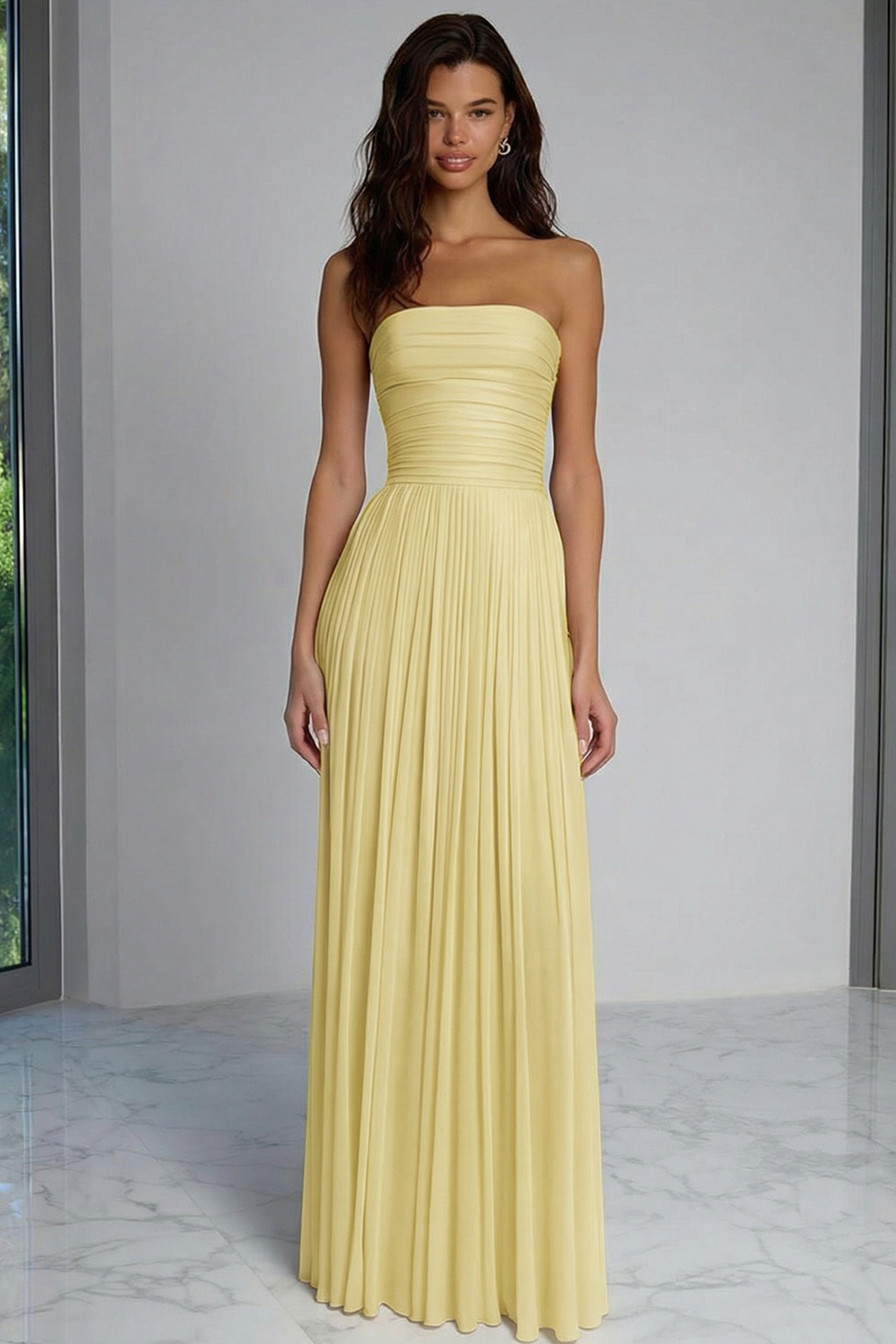 Champagne Pleated Sheath Strapless Long Bridesmaid Dress
