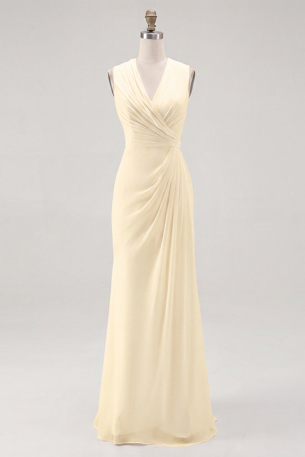 White Chiffon Sheath V-Neck Ruched Maxi Rehearsal Dinner Dress