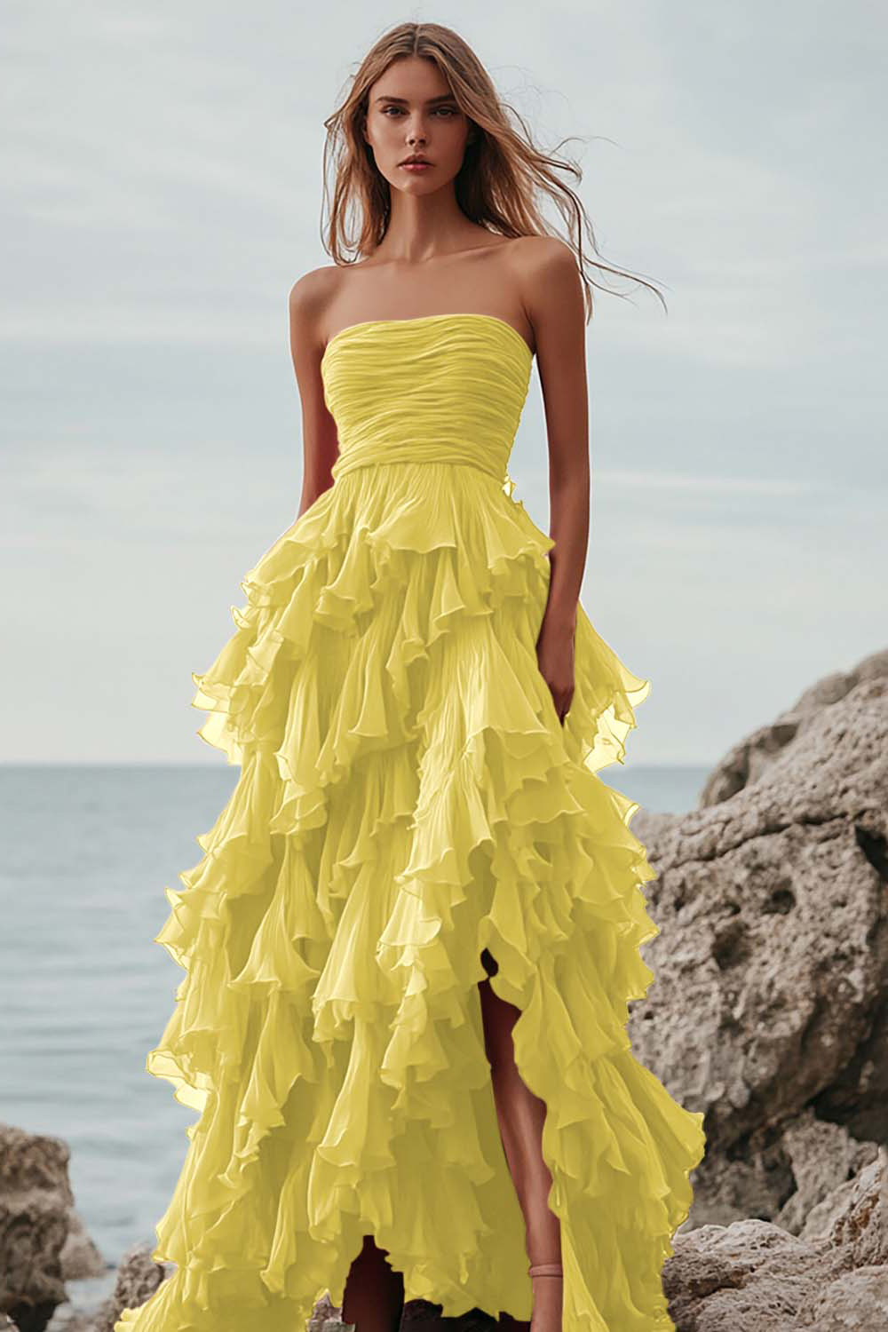 Fuchsia Tulle Strapless A Line Ruffled Long Formal Dress with Slit