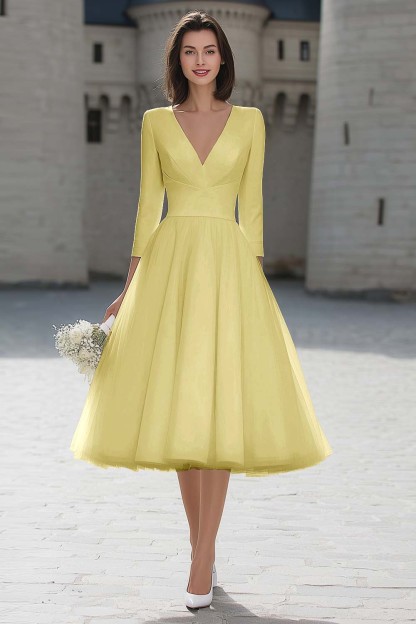 Ivory V-Neck A Line Midi Simple Wedding Dress with Sleeves