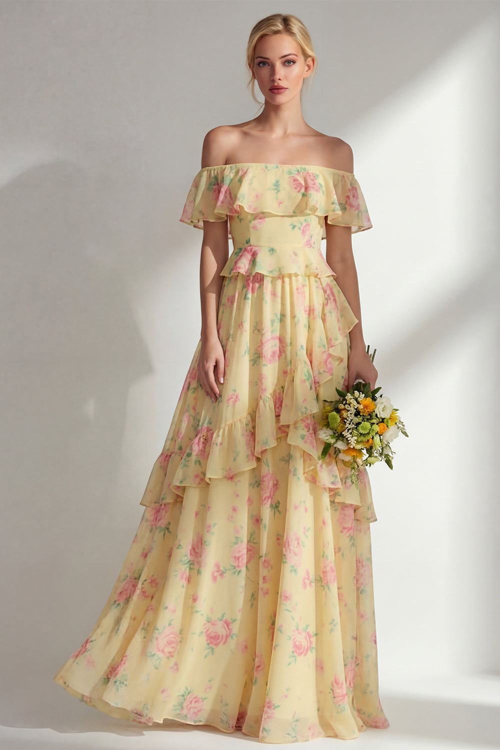 Yellow Pink Floral Hater Neck A Line Ruffled Long Bridesmaid Dress