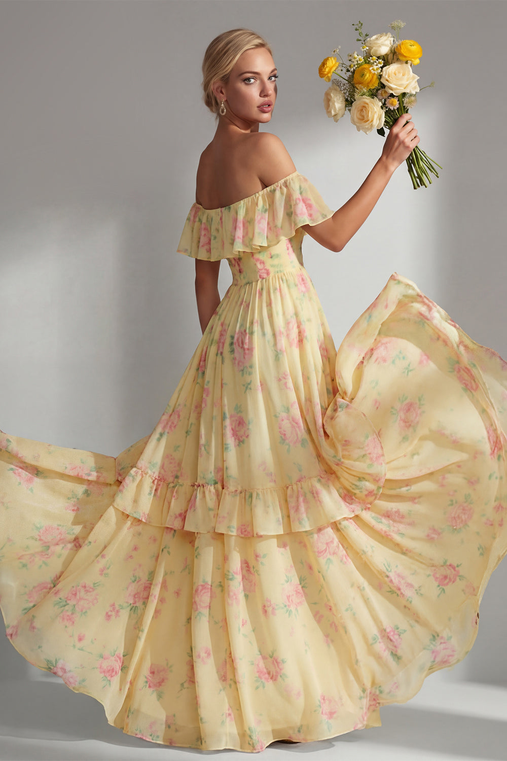 Tiered Blue Pink Floral Off the Shoulder Long Bridesmaid Dress
