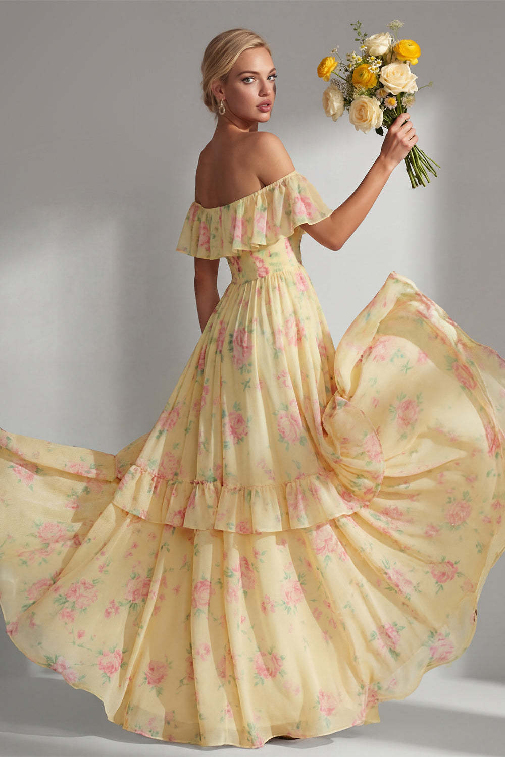 Tiered Blue Pink Floral Off the Shoulder Long Bridesmaid Dress