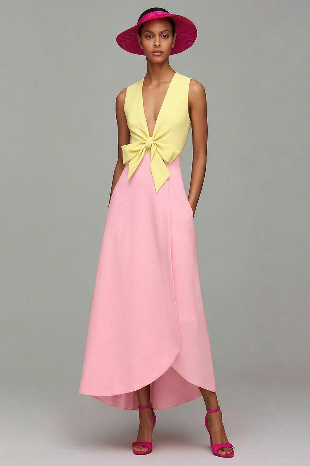 Orange and Fuchsia Deep V-Neck Maxi Formal Dress with Bow