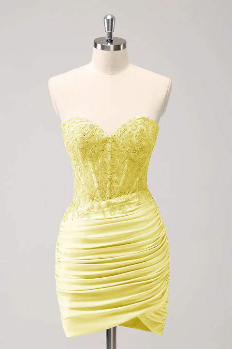 Leely Women Lilac Strapless Homecoming Dress Corset Pleated Tight Short Party Dress with Appliques