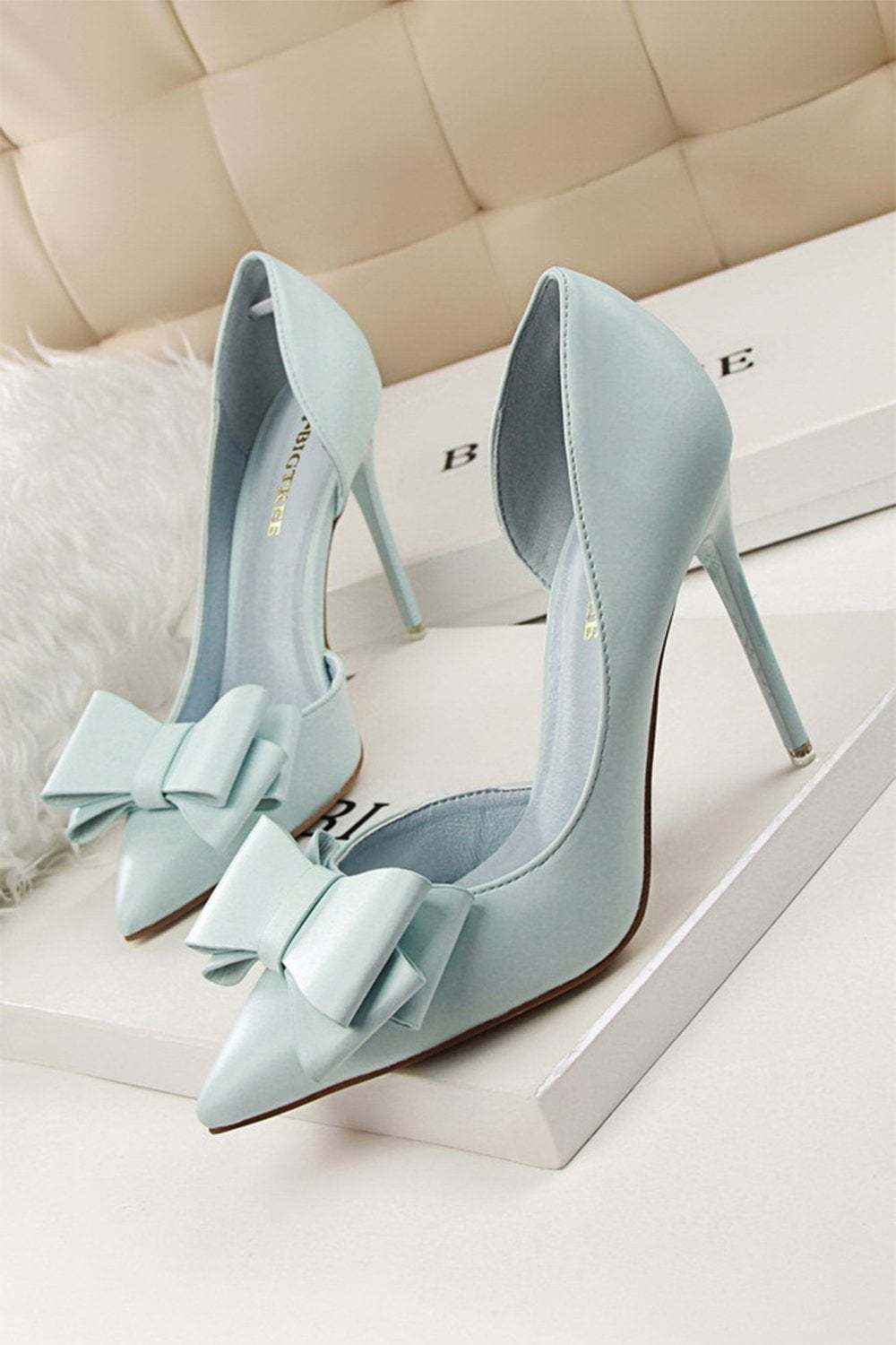 Leely Women Sleek Stiletto Heels Blue Sweet Bow Pointed Side Hollow High Heels