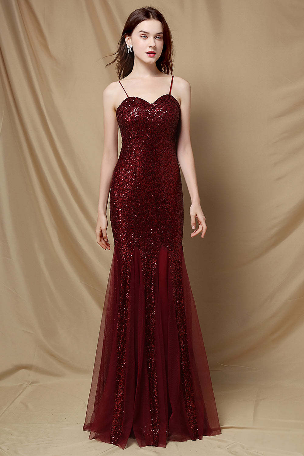 Leely Women Sequins Prom Dress Burgundy Spaghetti Straps Mermaid Party Dress