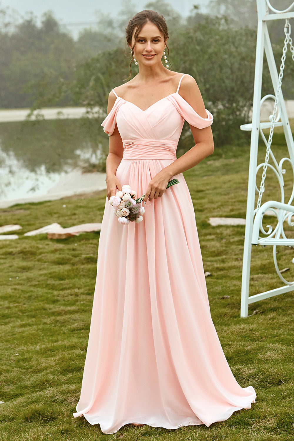 Off the Shoulder Chiffon Bridesmaid Dress