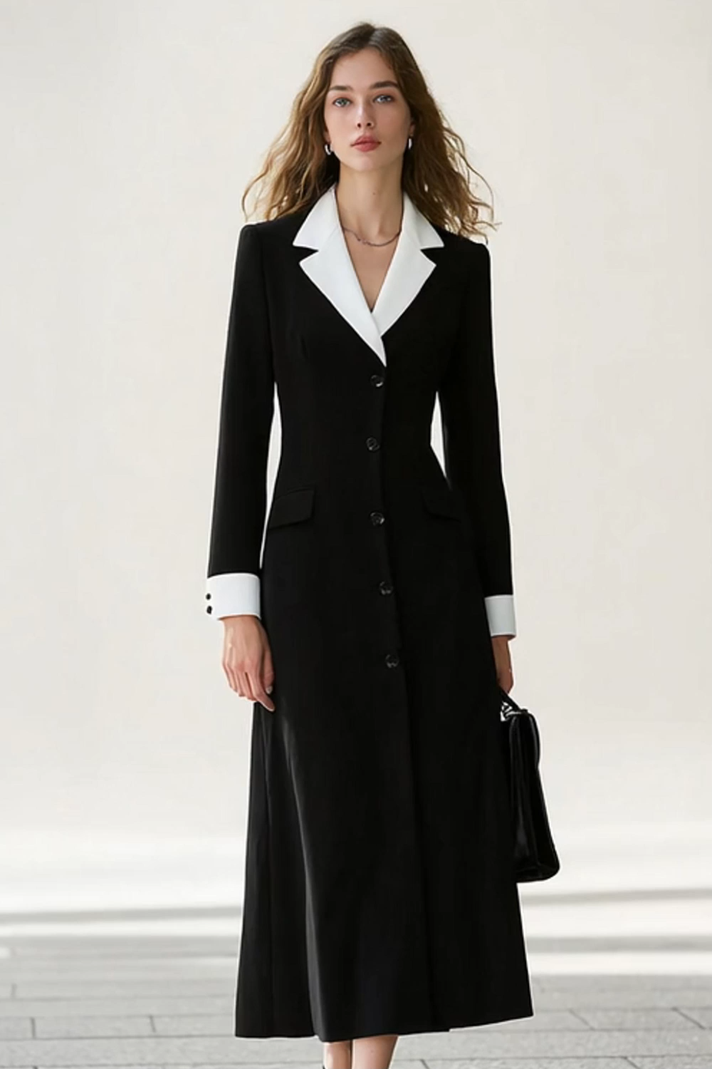 Black and White Notched Lapel A Line One Piece Long Blazer Dress