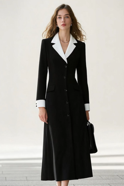 Black and White Notched Lapel A Line One Piece Long Blazer Dress