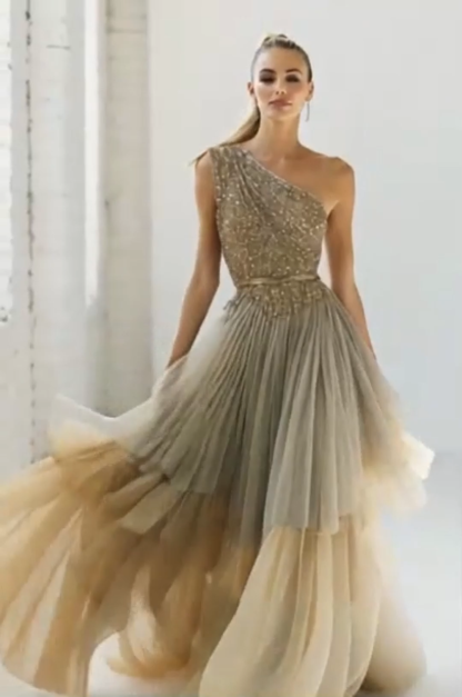 Sparkly Brown Pleated Tulle One Shoulder Long Wedding Guest Dress with Sequins