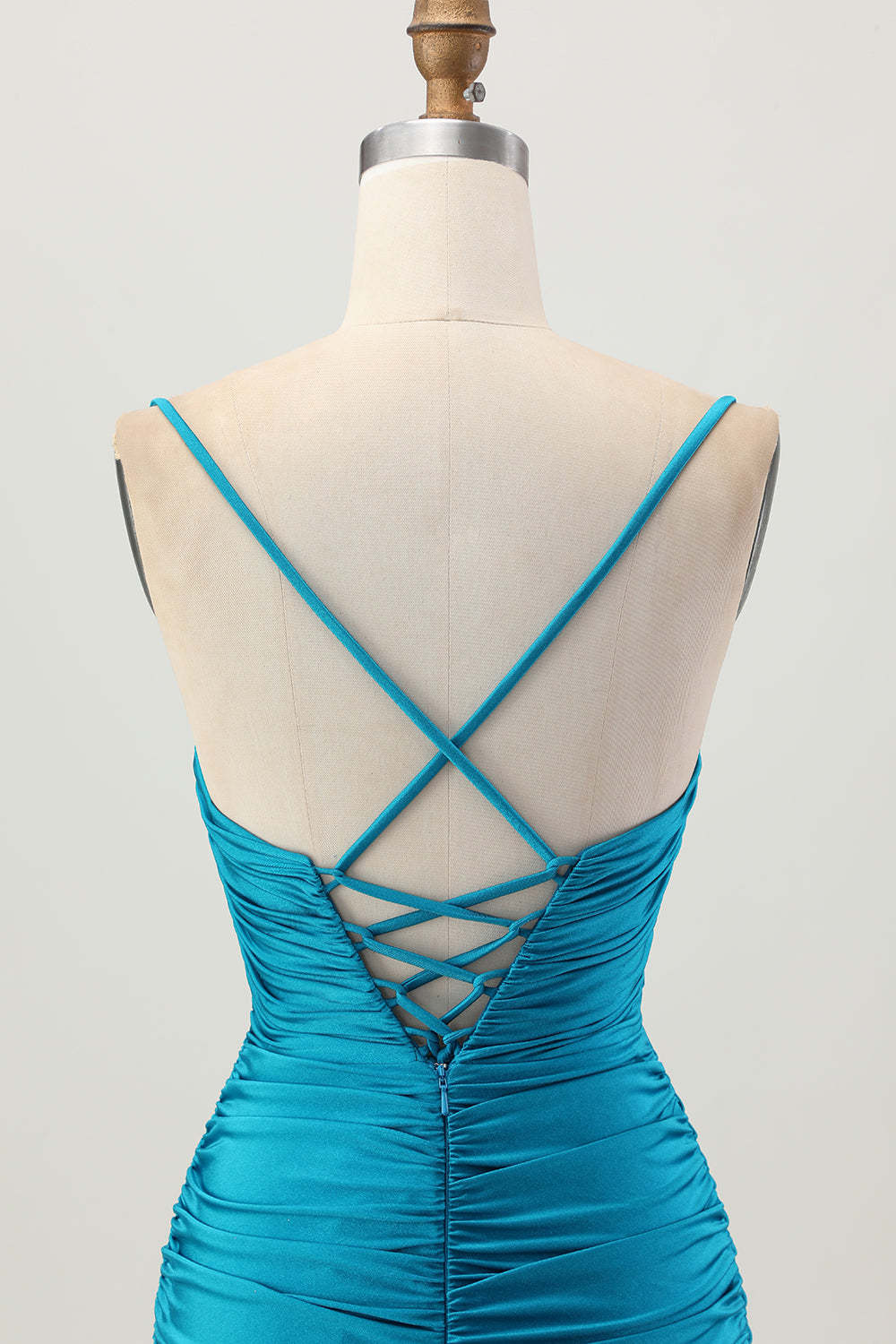 Blue Ruched Tight Spaghetti Straps Keyhole Short Homecoming Dress