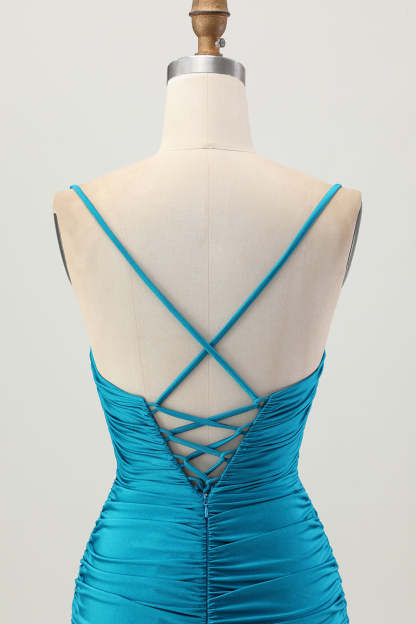 Blue Ruched Tight Spaghetti Straps Keyhole Short Homecoming Dress