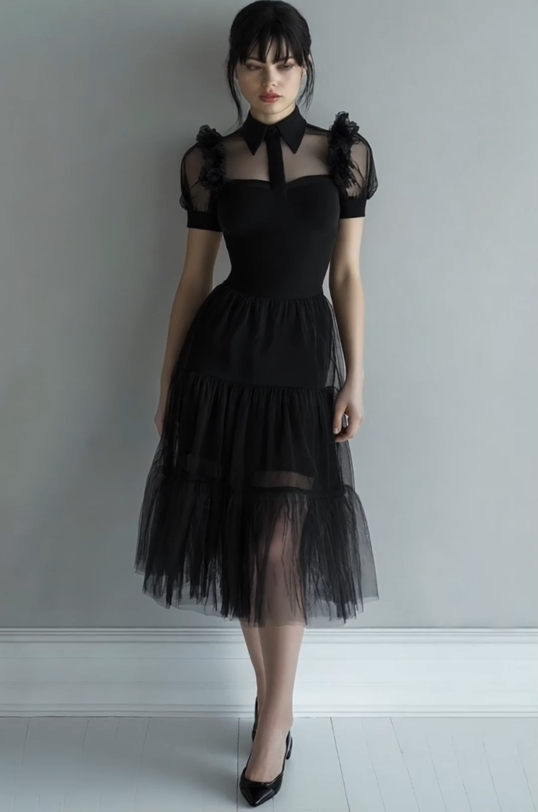 Black Tulle A Line Collar Neck Midi Cocktail Dress