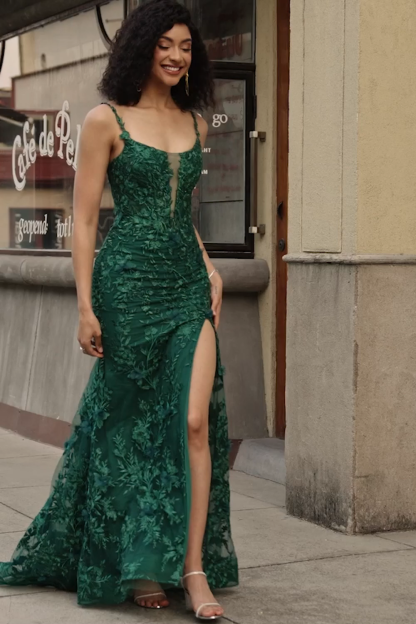 Stylish Dark Green Mermaid Spaghetti Straps Long Prom Dress With Slit