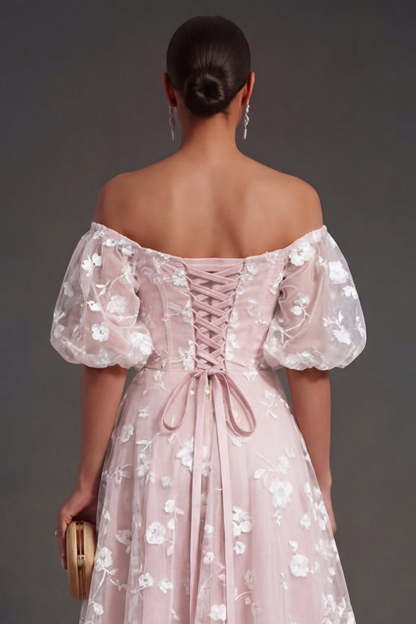 White Floral Appliqued Off the Shoulder Midi Beach Engagement Dress