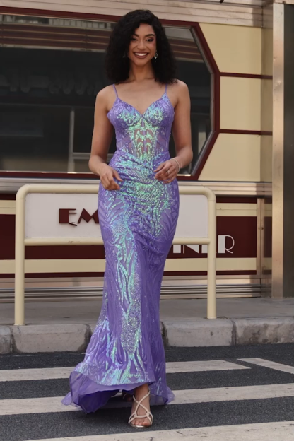Purple Sequins Mermaid Spaghetti Straps Long Corset Prom Dress