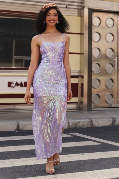 Light Purple Sheath Spaghetti Straps Backless Long Prom Dress