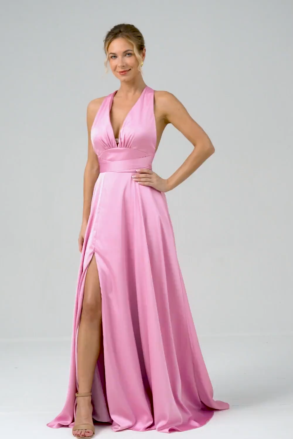 Pink A Line V-Neck Satin Lace Up Bridesmaid Dress with Slit