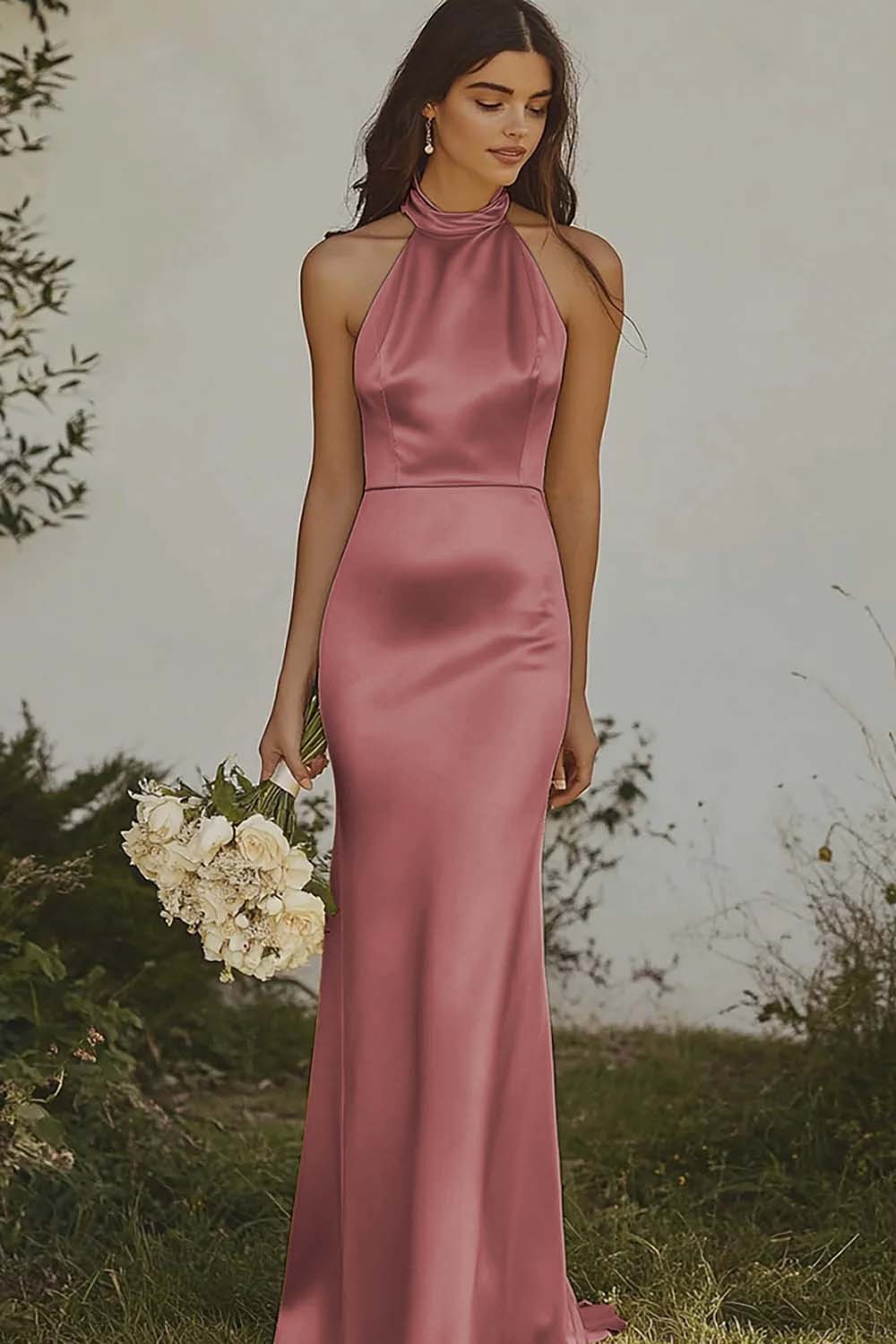 Elegant Light Yellow Sheath Halter Long Satin Bridesmaid Dress