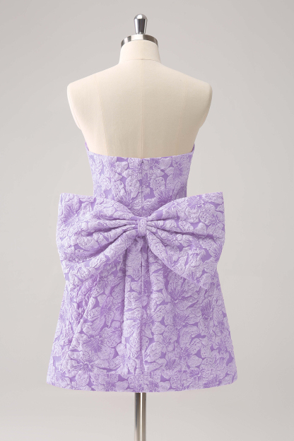 Fuchsia A Line Floral Strapless Short Homecoming Dress With Bow
