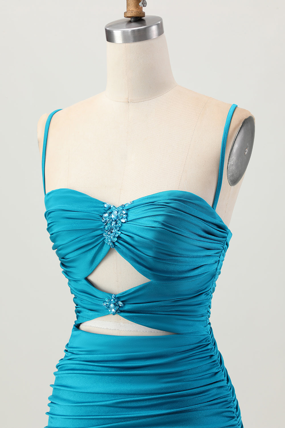 Blue Ruched Tight Spaghetti Straps Keyhole Short Homecoming Dress