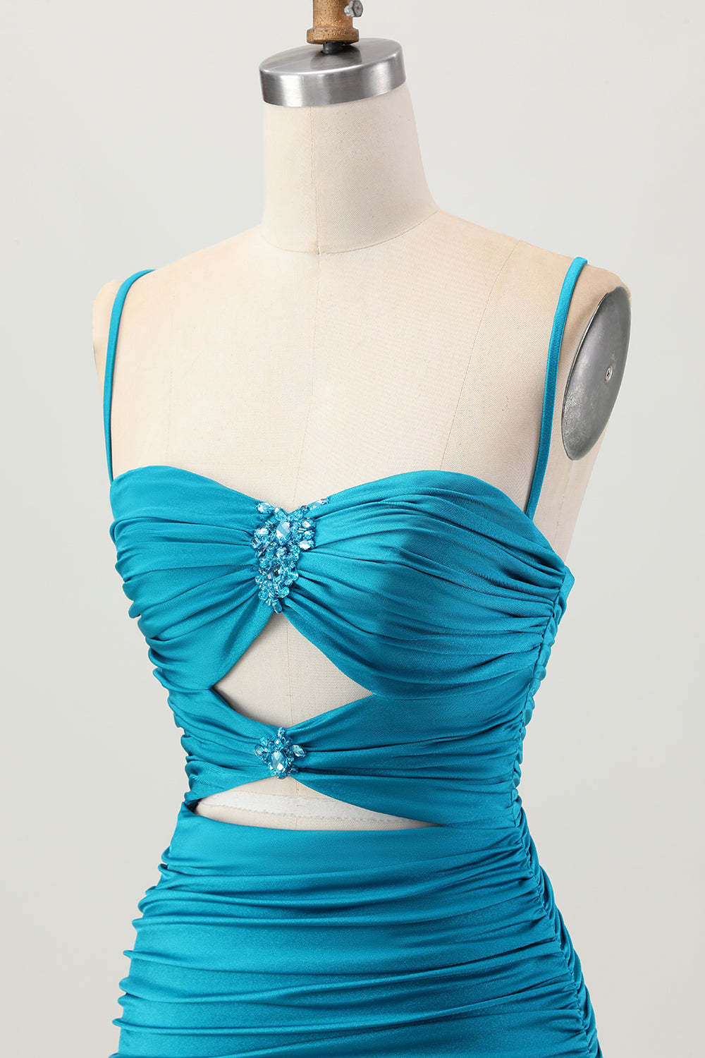 Blue Ruched Tight Spaghetti Straps Keyhole Short Homecoming Dress