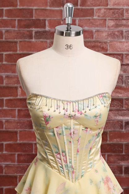 Blue Floral Corset Ruffled Strapless Short Homecoming Dress