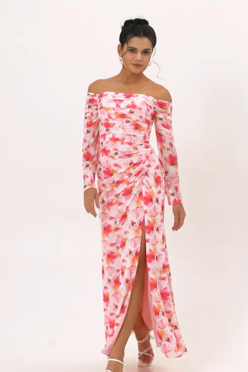 Pink Floral Ruched Long Sleeves Bridesmaid Dress with Slit