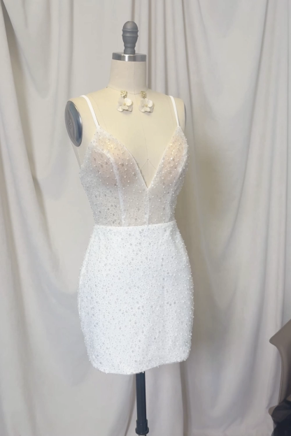 Sparkly White Sequined Mini V-Neck Bodycon Graduation Dress