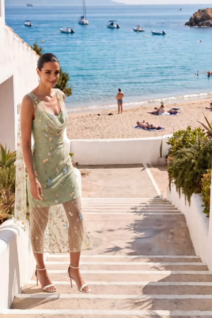Green Floral Cowl Neck Sheath Summer Wedding Guest Dress