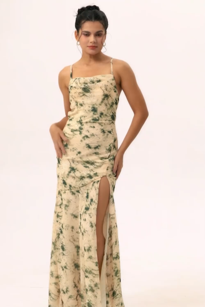 Champagne Mermaid Floral Maxi Wedding Guest Dress with Slit