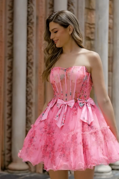 Fuchsia Floral A-Line Corset Short Homecoming Dress with Bows