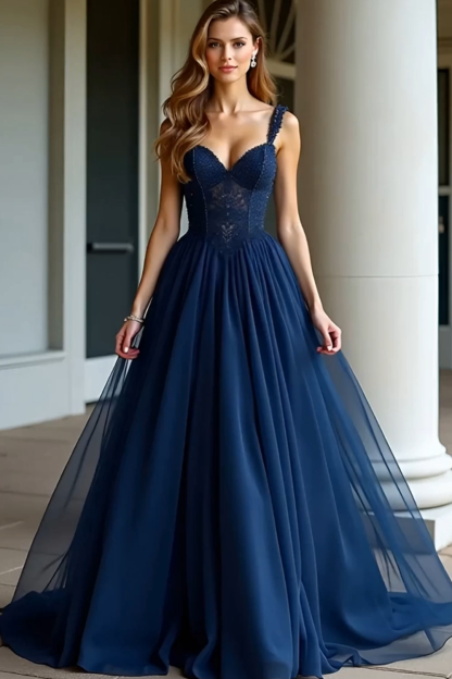 Navy Corset Sweetheart A Line Pleated Long Prom Dress