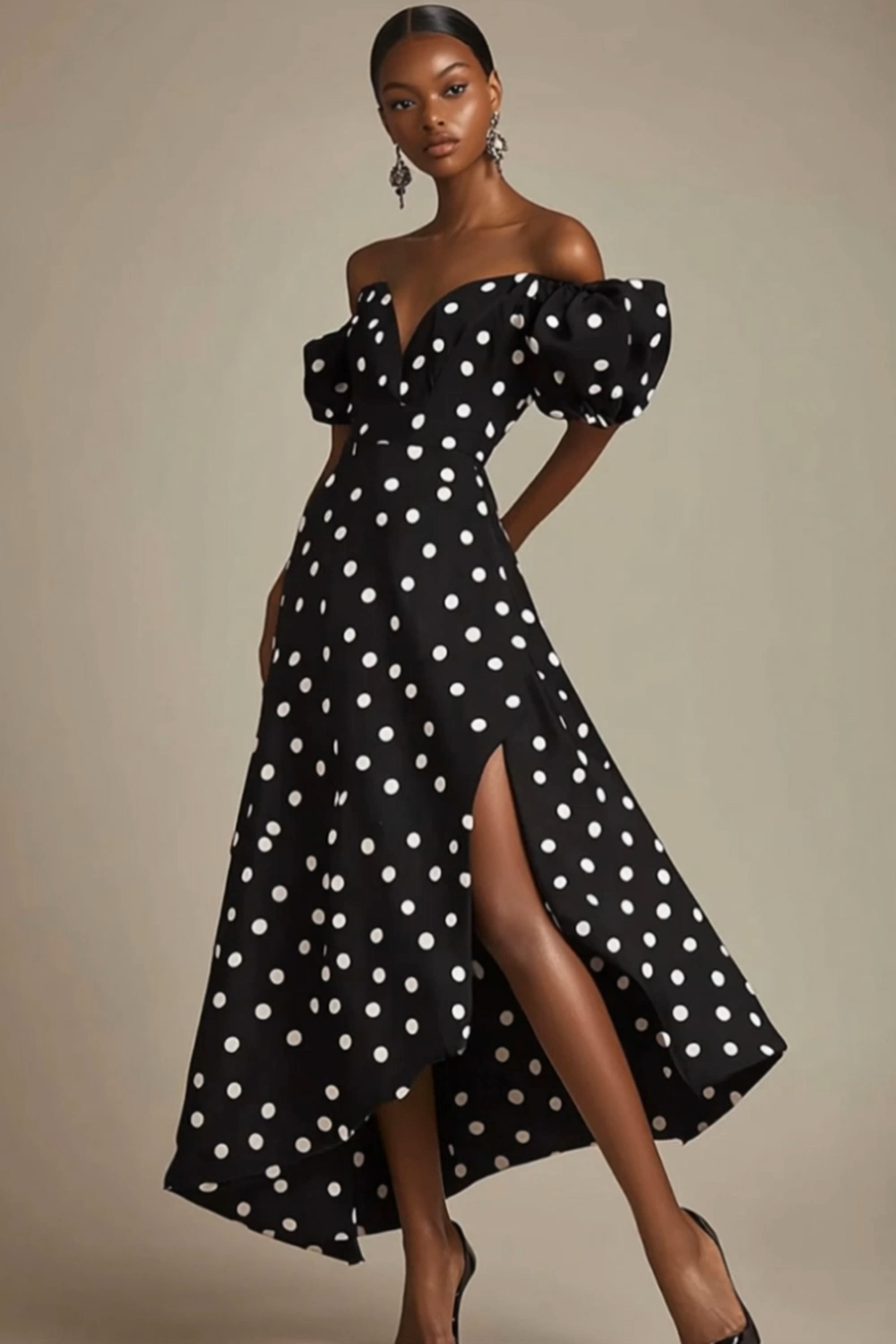 Boho Black and White Puff Sleeves Satin Maxi Polka Dot Dress with Slit