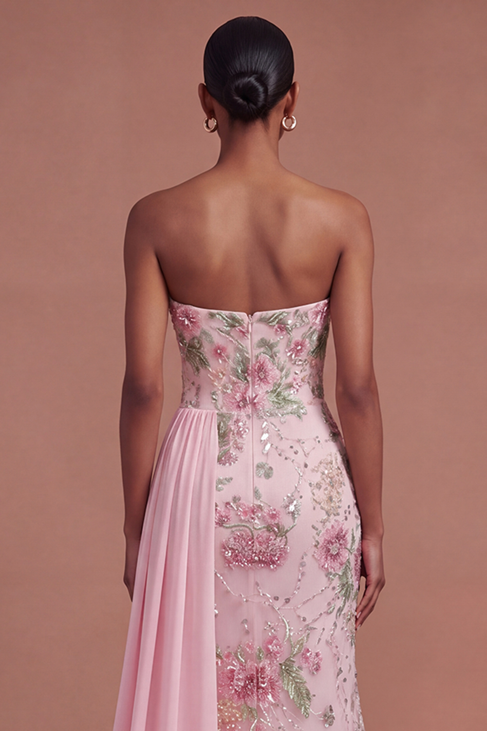 Pink Floral Sparkly Long Prom Dress with Cape