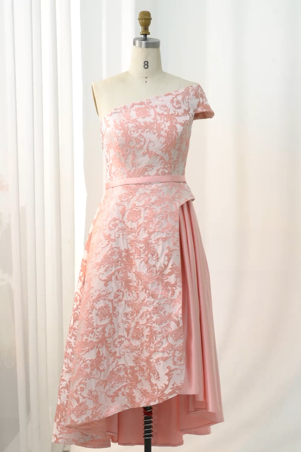 Dusty Rose A-Line One Shoulder Jacquard Midi Mother of the Bride Dress