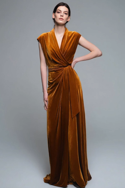 Caramel V-Neck Velvet Ruched Sheath Long Holiday Party Dress