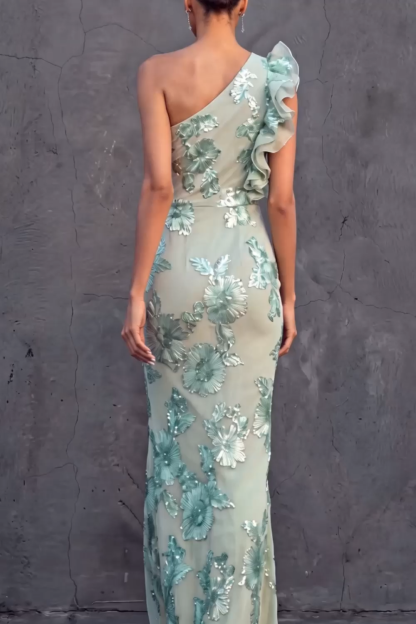 Green Floral Appliqued Sheath Ruffled Long Formal Dress