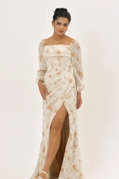 Yellow Floral Corset Long Sleeves Bridesmaid Dress with Slit