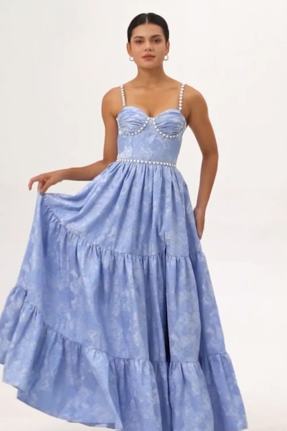 Blue Floral A Line Jacquard Long Bridesmaid Dress with Slit