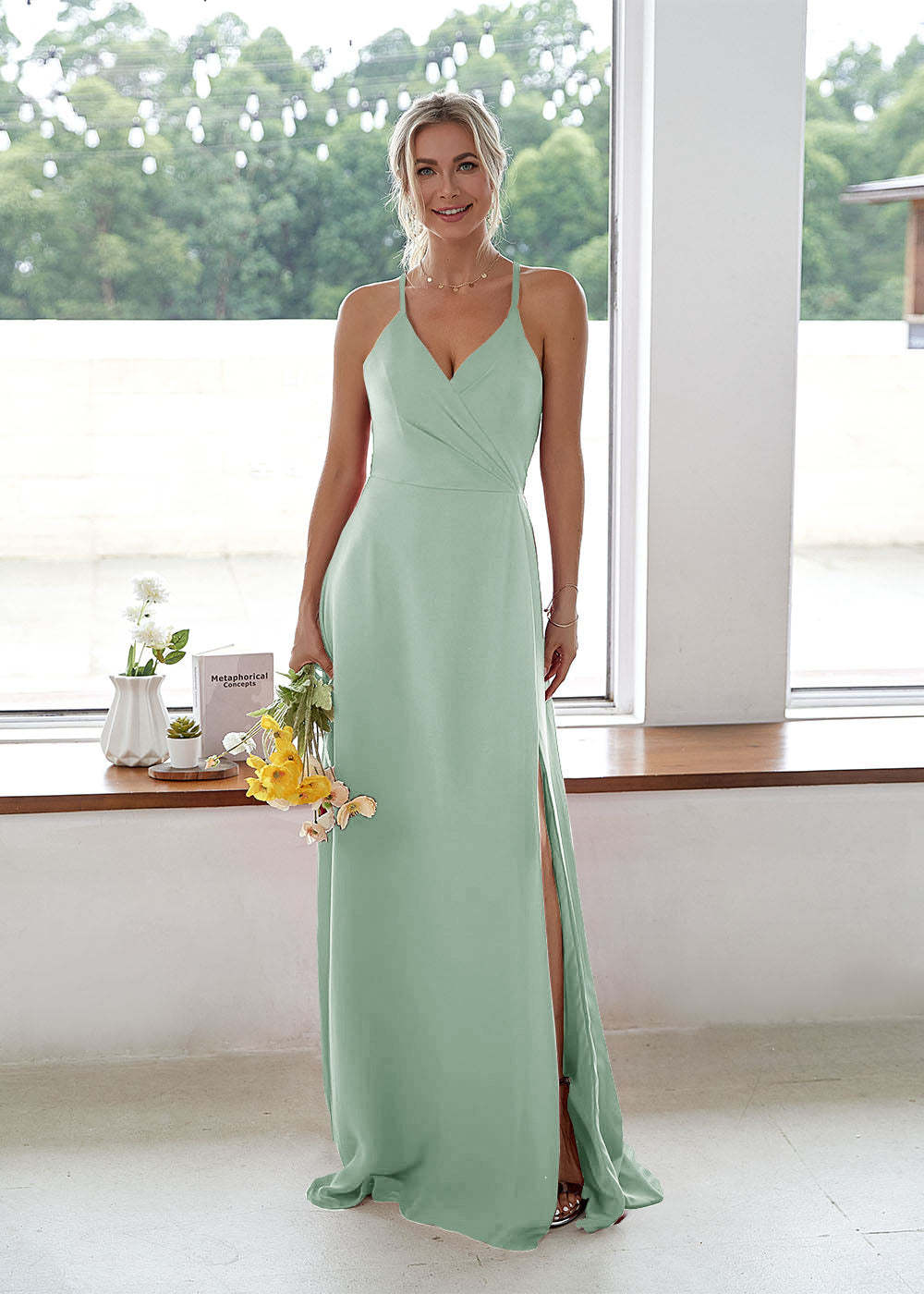 V-neck High Slit Bridesmaid Dress
