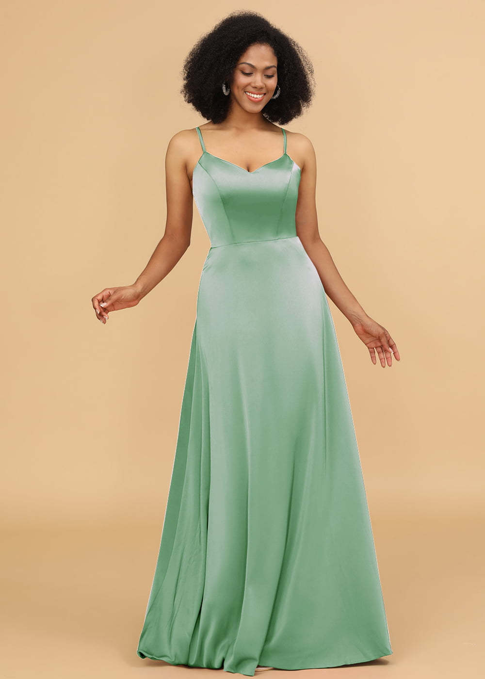 Satin V-neck Spaghetti Strap Bridesmaid Dress