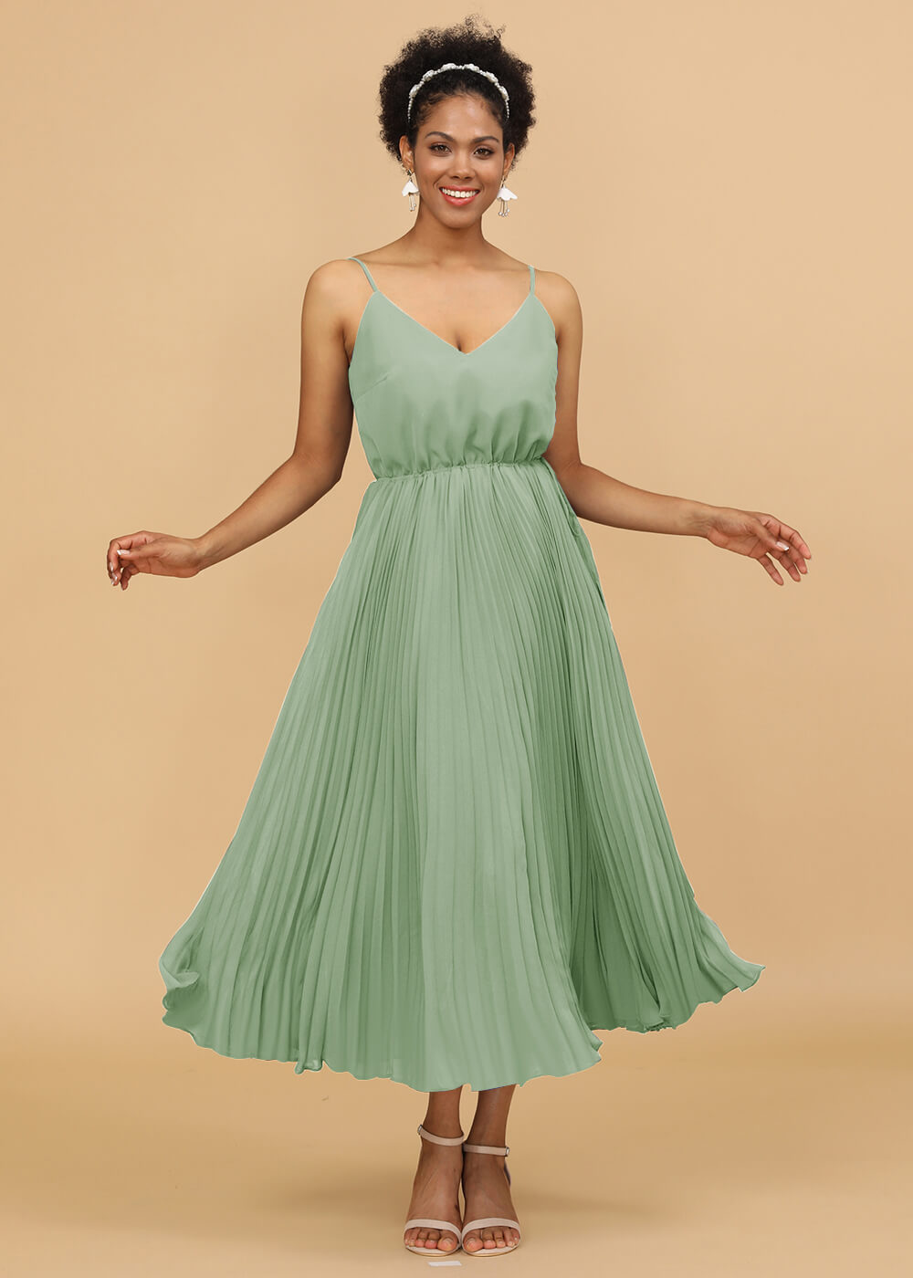 V-neck Spaghetti Strap Tea Length Bridesmaid Dress