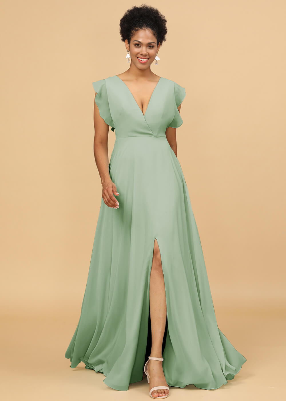 V-neck Ruffles Cap Sleeve Chiffon Bridesmaid Dress