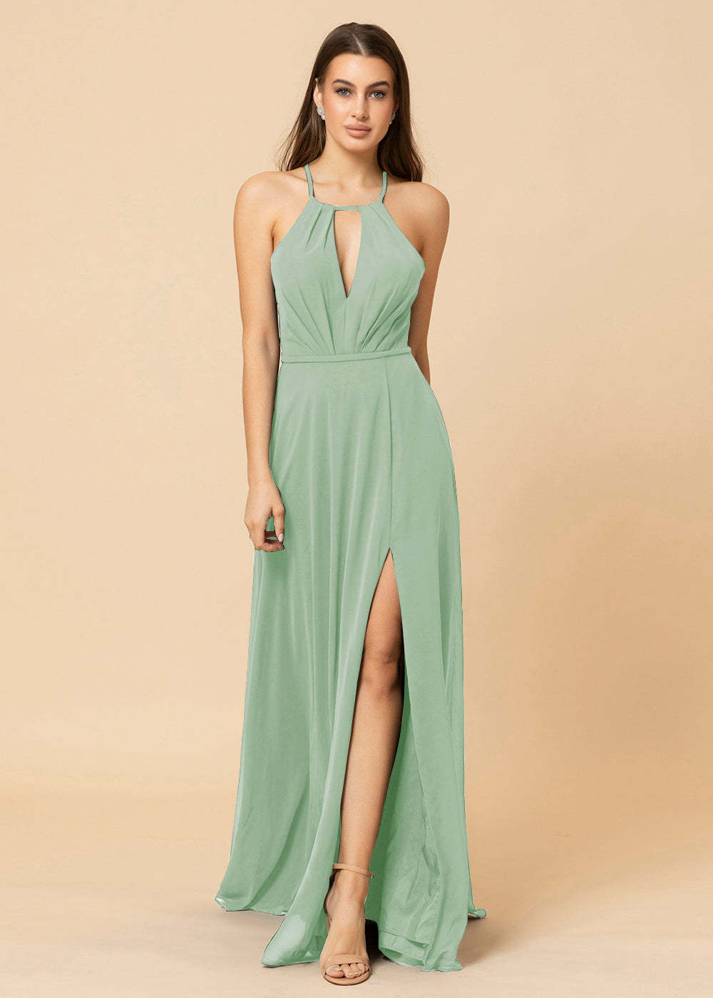 Halter Neck Chiffon Floor Length Bridesmaid Dress