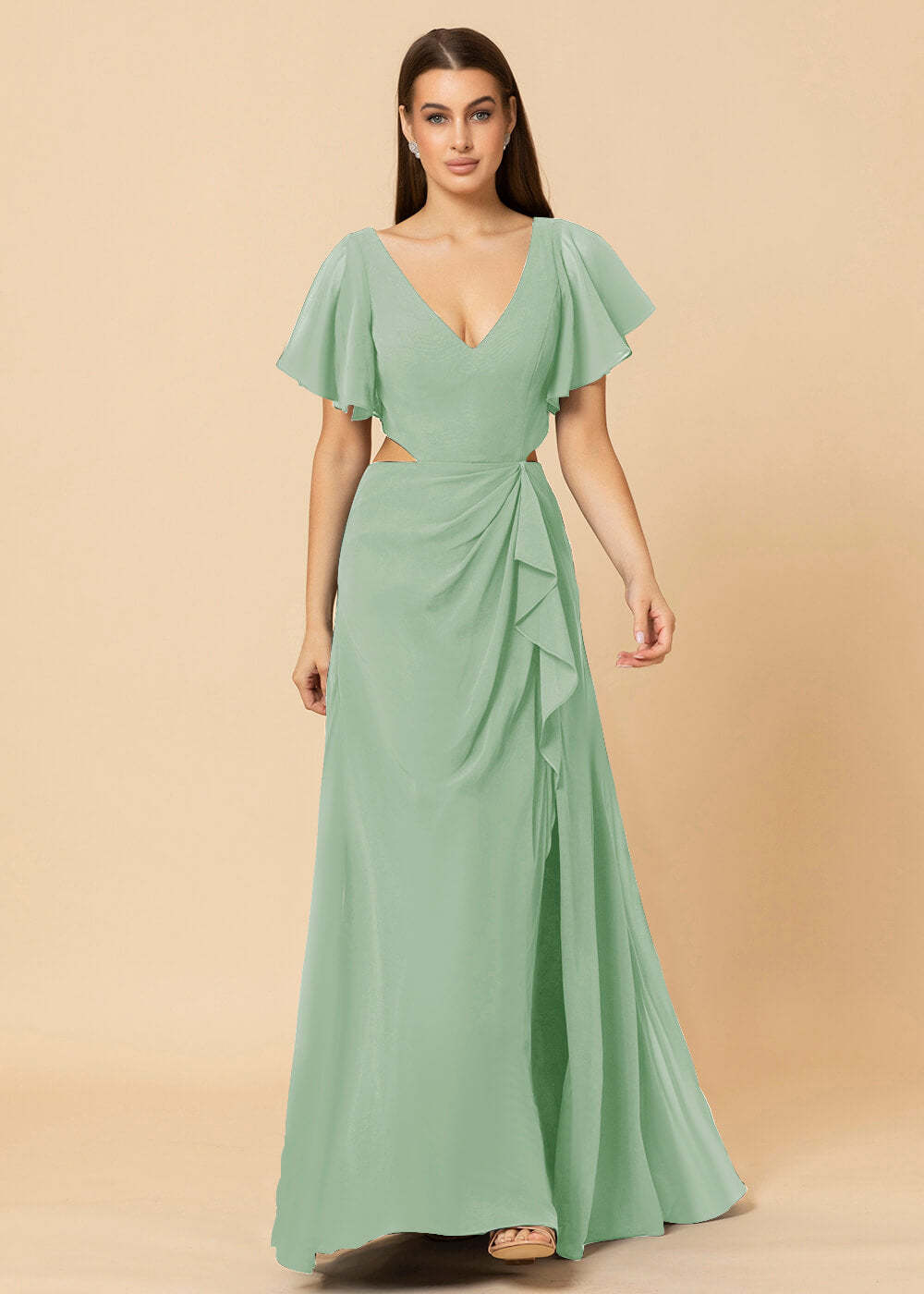V-neck Waist Cut Out Floor Length Bridesmaid Dress