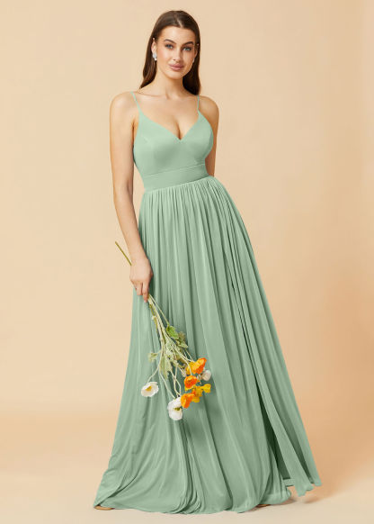 V-neck Spaghetti Strap Open Back Chiffon Bridesmaid Dress