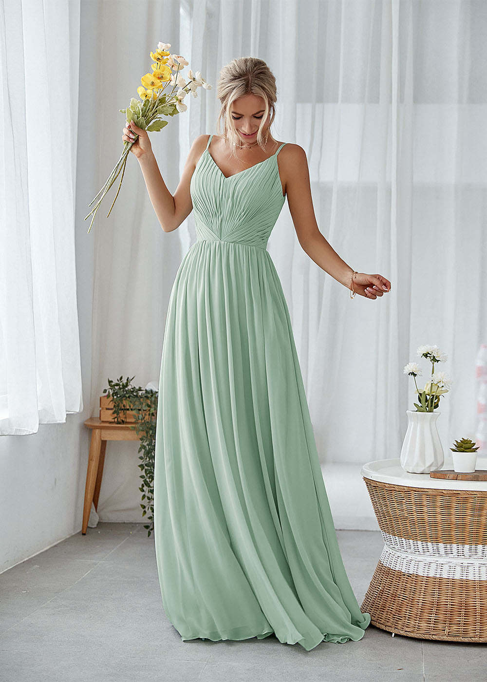 A-line V-neck Pleated Bridesmaid Dress