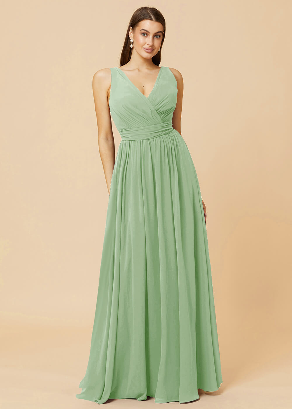 V-neck Pleated Tie Back Chiffon Bridesmaid Dress